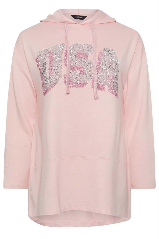 YOURS Plus Size Pink 'USA' Sequin Slogan Longline Hoodie | Yours Clothing 5