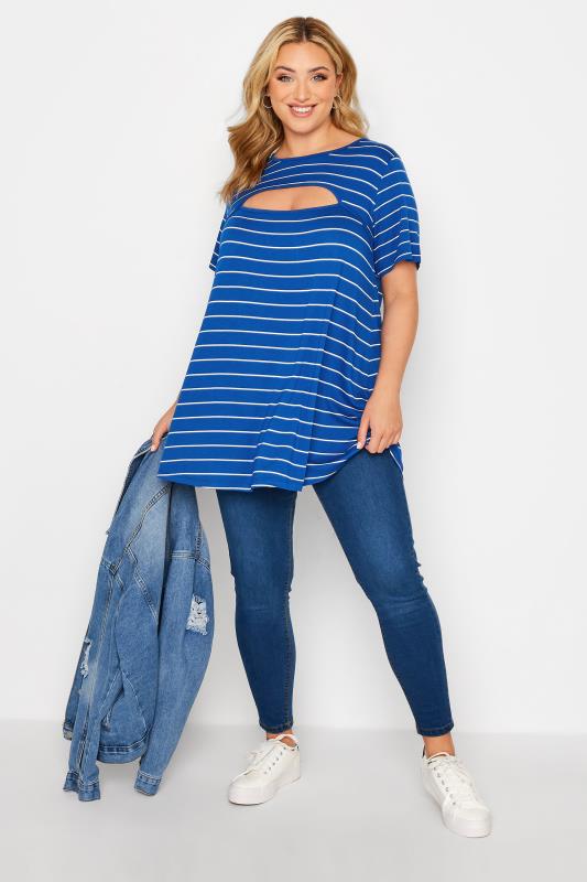 Plus Size Blue Stripe Cut Out Top | Yours Clothing  2