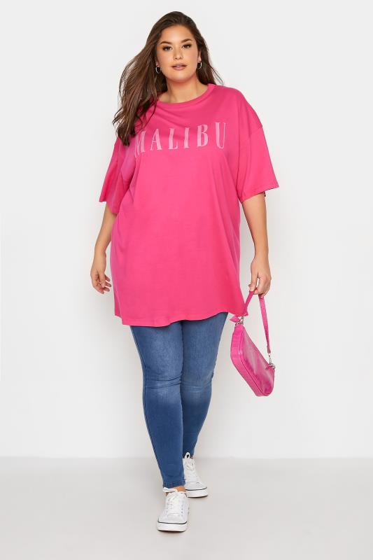 Curve Hot Pink 'Malibu' Slogan Oversized T-Shirt 2