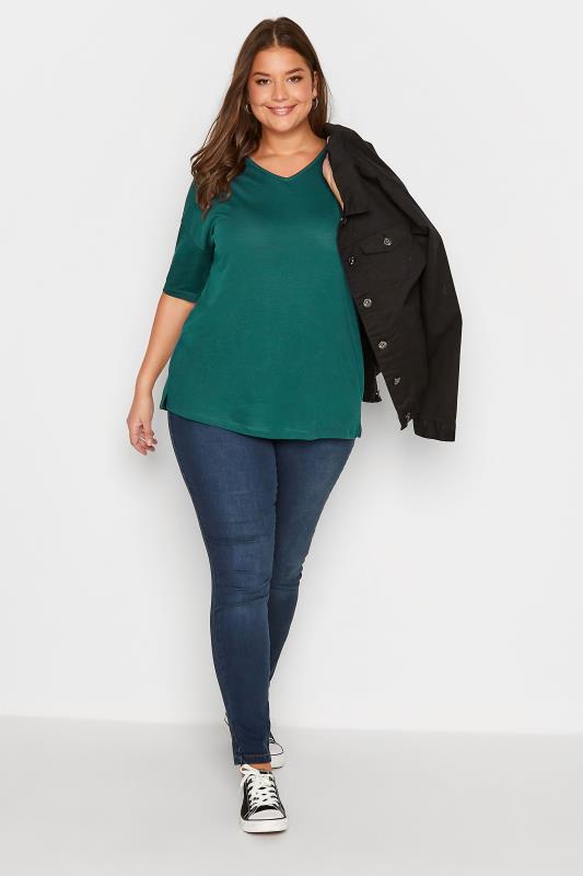 Plus Size Green V-Neck Essential T-Shirt | Yours Clothing  2