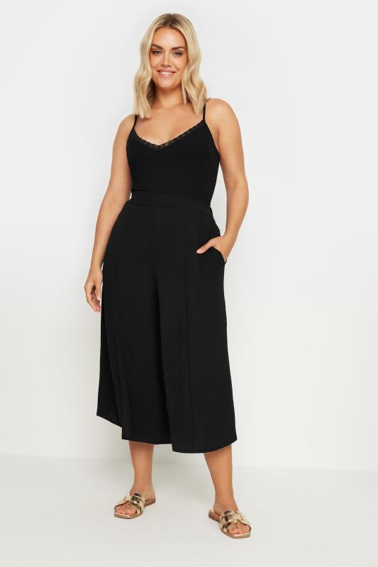 YOURS Plus Size Black Hammered Satin Wide Leg Culottes | Yours Clothing 3