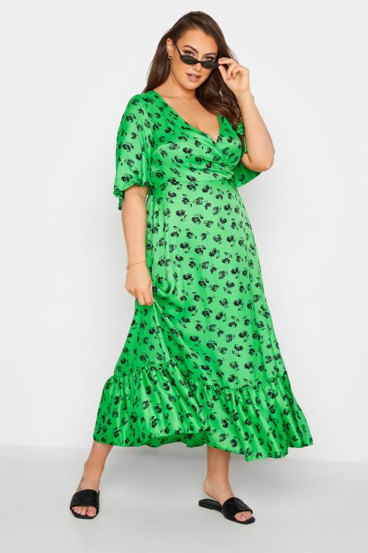 Großen Größen  LIMITED COLLECTION Curve Bright Green Floral Ruffled Wrap Maxi Dress