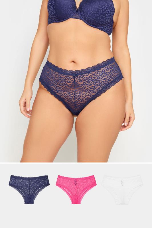 YOURS Plus Size 3 PACK Navy Blue & Pink Leopard Print Brazilian Briefs | Yours Clothing 1