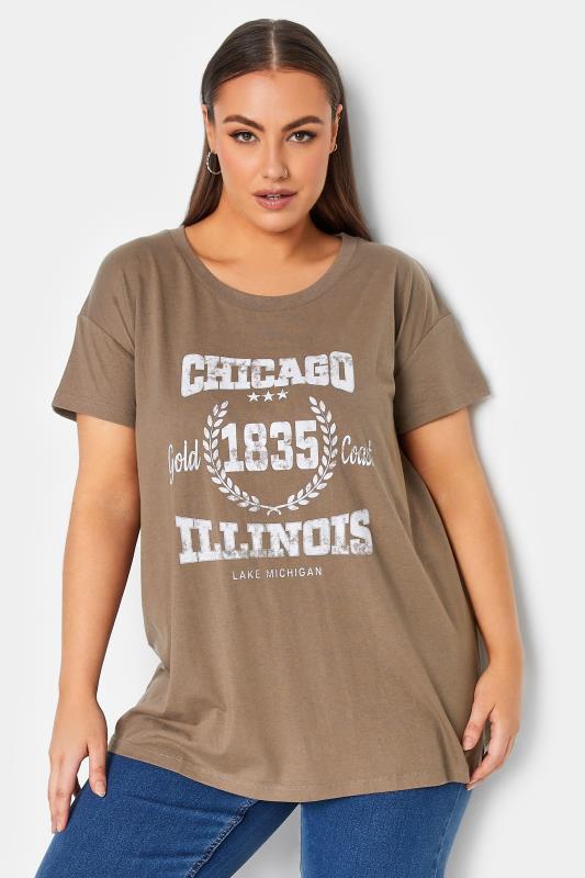 Plus Size  YOURS Curve Brown Beige 'Chicago' Slogan Print T-Shirt