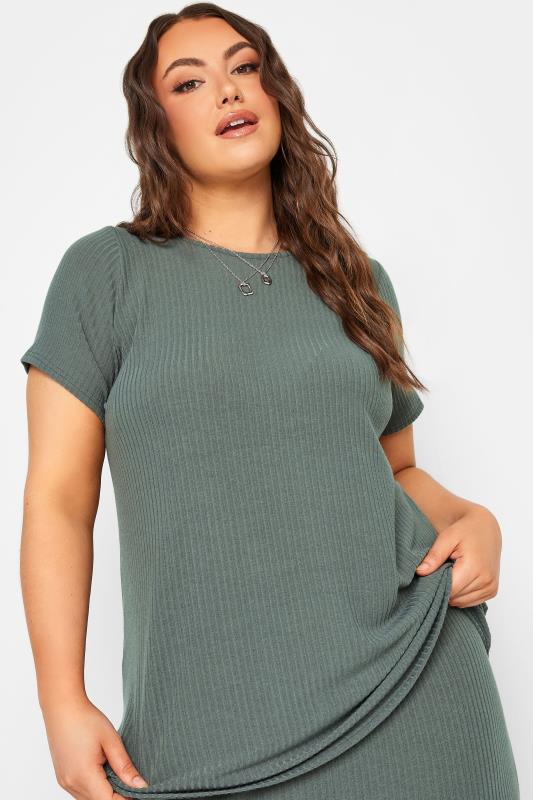 YOURS Plus Size Sage Green Ribbed T-Shirt | Yours Clothing 6