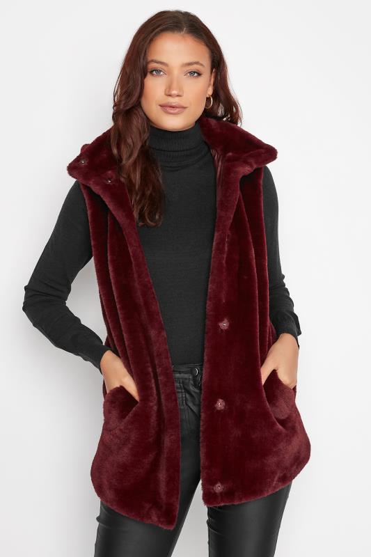 LTS Tall Dark Red Faux Fur Hooded Gilet 1