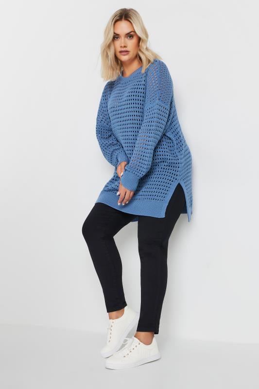 YOURS Plus Size Blue Side Split Crochet Jumper | Yours Clothing 2