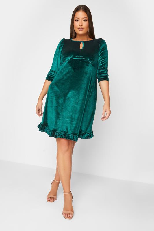 Curve Plus Size Womens Emerald Green Velvet Keyhole Midi Dress | Yours Clothing 1