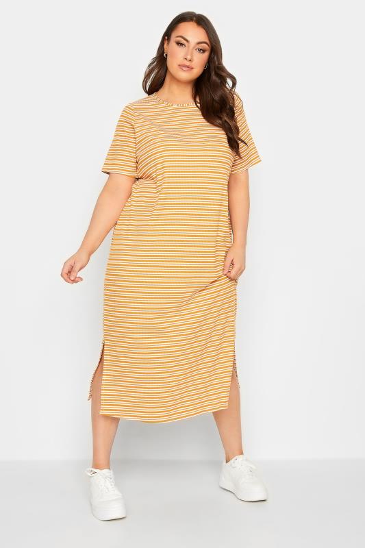 YOURS Plus Size Orange Stripe Print Maxi T-Shirt Dress | Yours Clothing 1