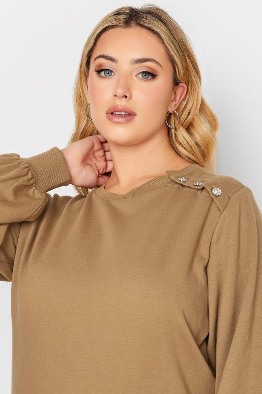 Curve Plus Size Brown Button Long Sleeve Sweatshirt | Yours Clothing  4
