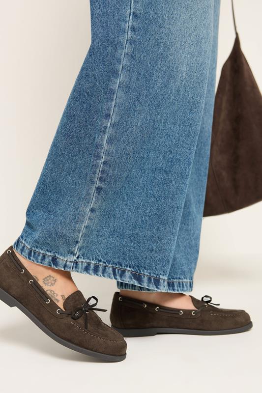 Brown Faux Suede Bow Boat Shoes In Wide E Fit | Yours Clothing 1