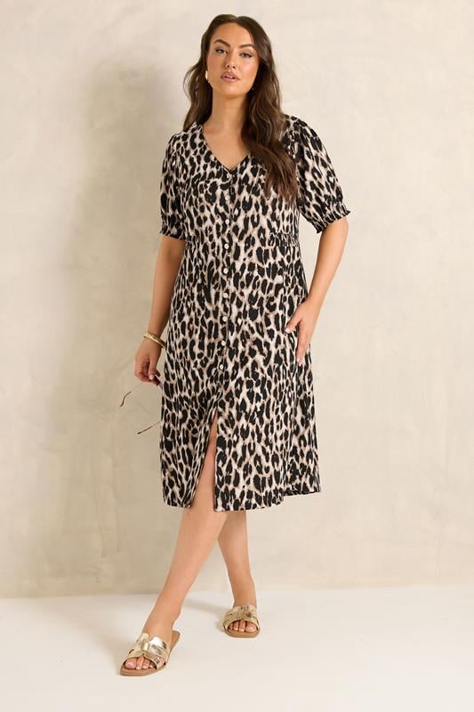 EVANS Plus Size Brown Button Through Animal Print Midi Dress | Evans 1