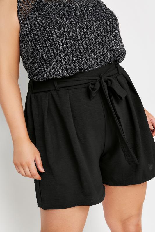 YOURS Plus Size Black Textured Satin Belted Shorts | Yours Clothing 4