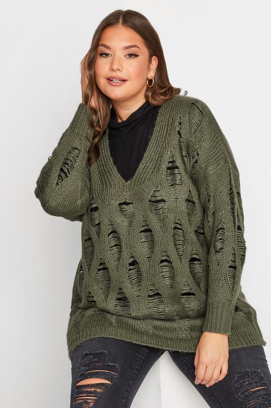 Plus Size Khaki Green Distressed V-Neck Knitted Jumper | Yours Clothing 1