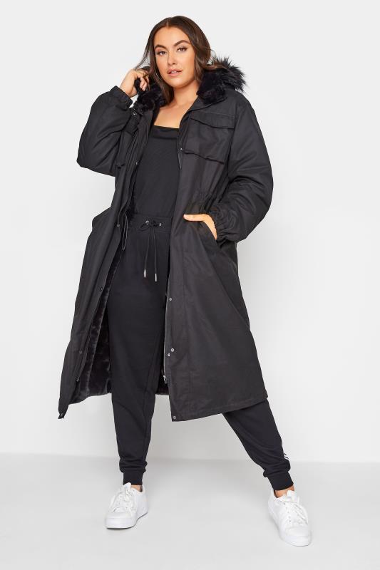  Grande Taille YOURS Curve Black Faux Fur-Lined Maxi Coat