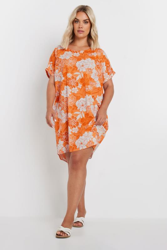 YOURS Plus Size Orange Floral Print Tunic Dress | Yours Clothing 1