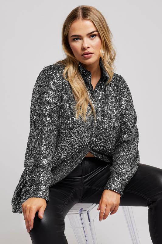 Plus Size  YOURS LONDON Curve Silver Sequin Shirt