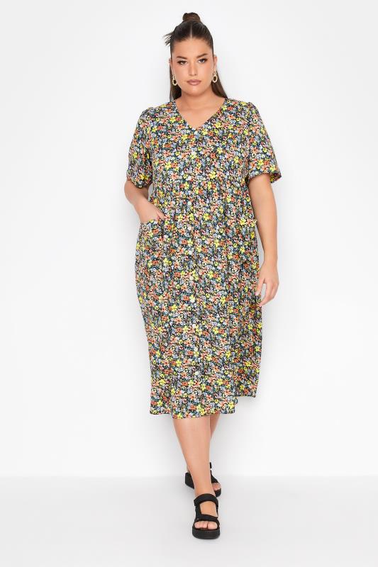 LIMITED COLLECTION Curve Yellow Floral Drop Pocket Smock Dress_A.jpg