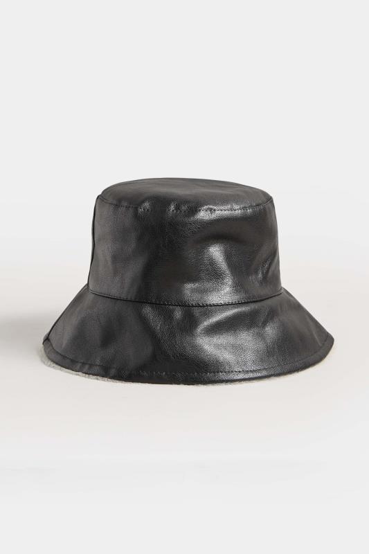Black & Grey Faux Leather & Faux Fur Reversible Bucket Hat | Yours Clothing 4