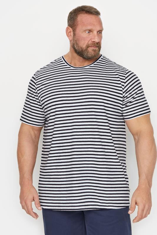 JACK & JONES Big & Tall White & Navy Blue Striped Linen T-Shirt | BadRhino 1
