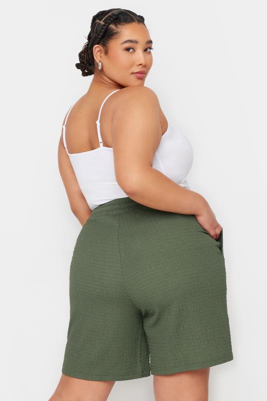 YOURS Plus Size Khaki Green Textured Crinkle Shorts | Yours Clothing 3