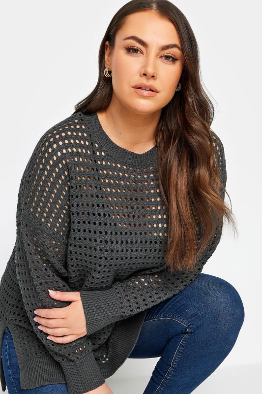 YOURS Plus Size Slate Grey Side Split Crochet Jumper | Yours Clothing 4