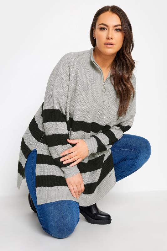 YOURS Plus Size Grey Stripe Quarter Zip Jumper | Yours Clothing 2