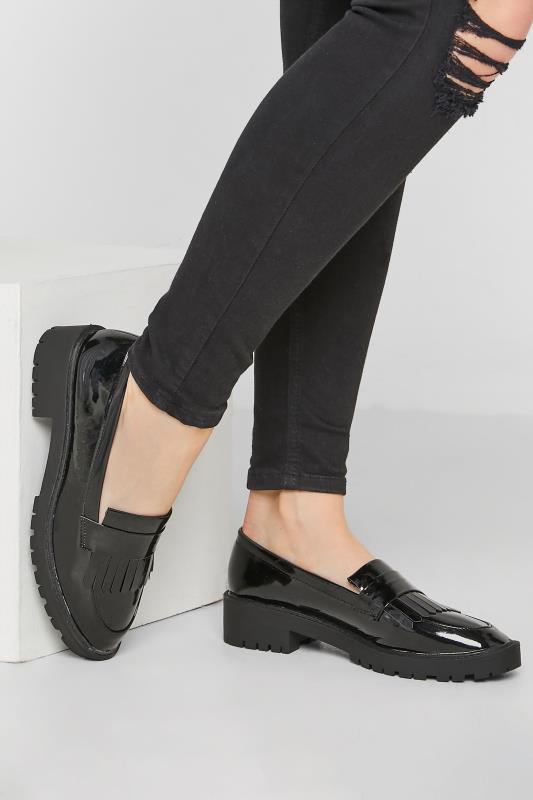 Black Patent Chunky Sole Loafers In Standard D Fit | PixieGirl 1