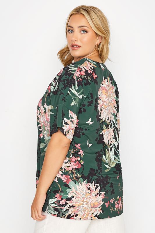 Curve Dark Green Floral Short Sleeve Shirt | Yours Clothing 3
