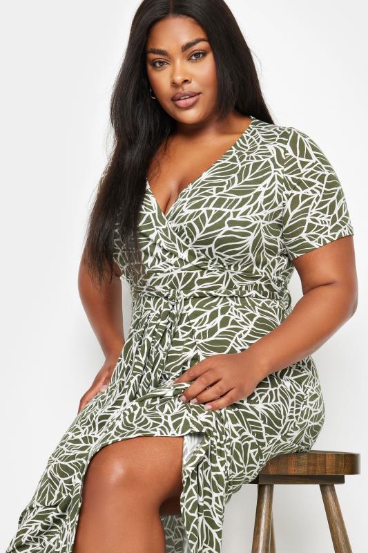 YOURS Plus Size Khaki Green Leaf Print Wrap Maxi Dress | Yours Clothing 4