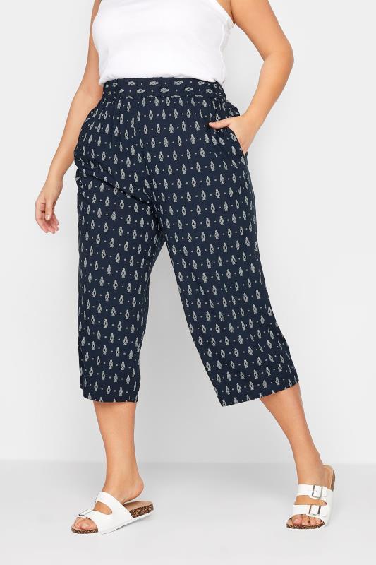 YOURS Plus Size Navy Blue Paisley Print Cropped Trousers | Yours Clothing 1