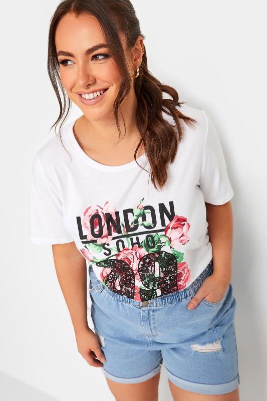 YOURS Curve White Acid Wash 'London' Rose Print T-Shirt | Yours Curve 4