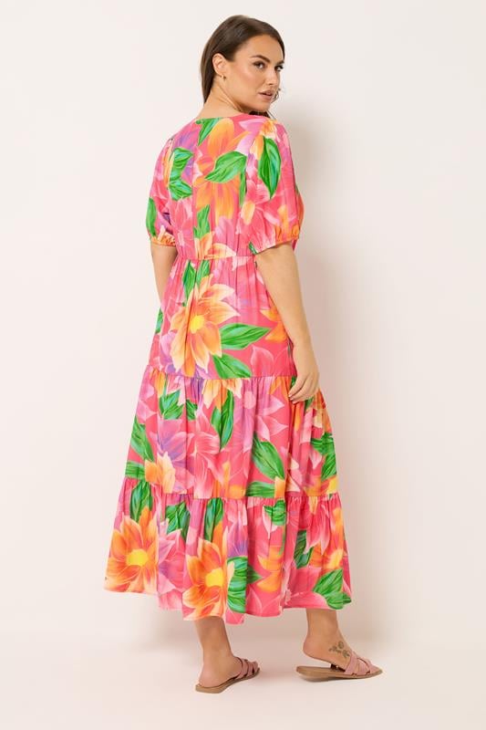 YOURS Curve Pink Floral Puff Sleeve Tiered Maxi Dress | Yours Clothing 2