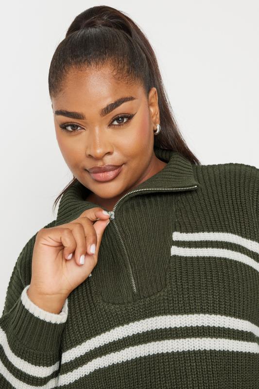 YOURS Plus Size Green Stripe Quarter Zip Knitted Jumper | Yours Clothing 4