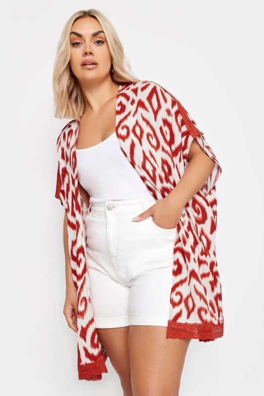 Plus Size  YOURS Curve White Ikat Print Crochet Trim Kimono
