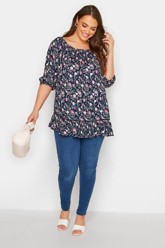 Plus Size Navy Blue Floral Print Bardot Top | Yours Clothing 2