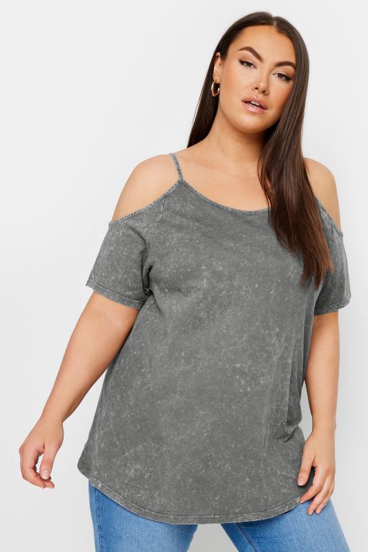 YOURS Plus Size Grey Acid Wash Cold Shoulder Top | Yours Clothing 1