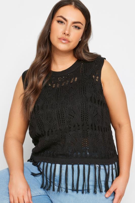 YOURS Plus Size Black Crochet Fringe Vest Top | Yours Clothing 4
