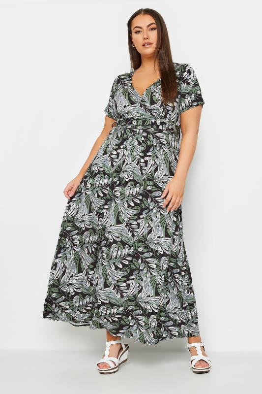 YOURS Curve Black & Green Leaf Print Wrap Maxi Dress | Yours Clothing 2