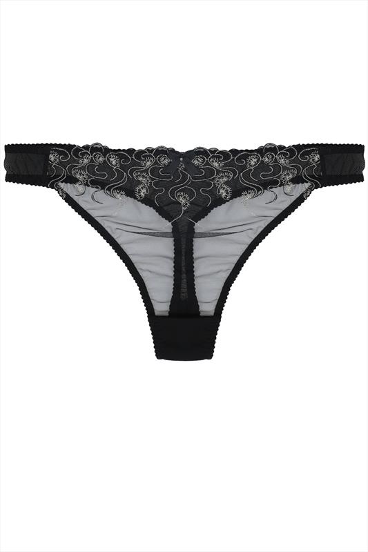 Black Mesh Embroidered Thong Plus Size 14 to 32 | Yours Clothing