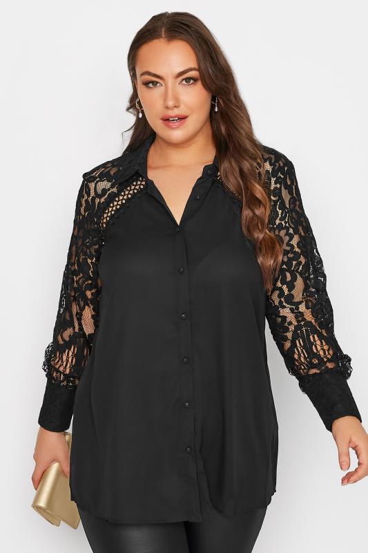 YOURS LONDON Plus Size Black Lace Sleeve Shirt | Yours Clothing 1