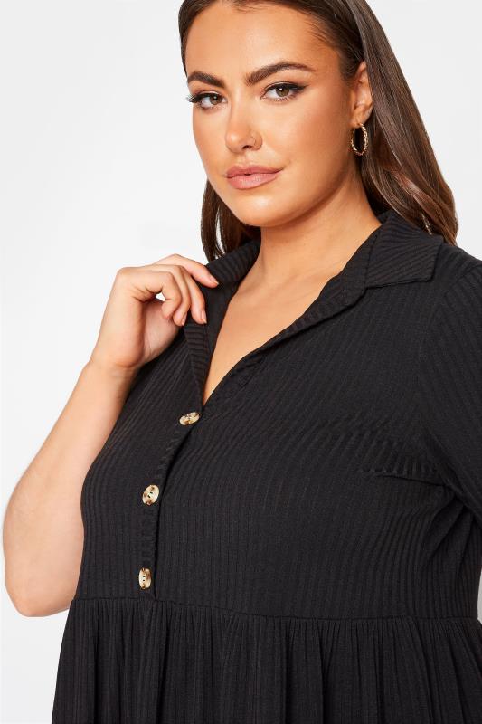 LIMITED COLLECTION Plus Size Black Ribbed Button Through Peplum Top | Yours Clothing 4
