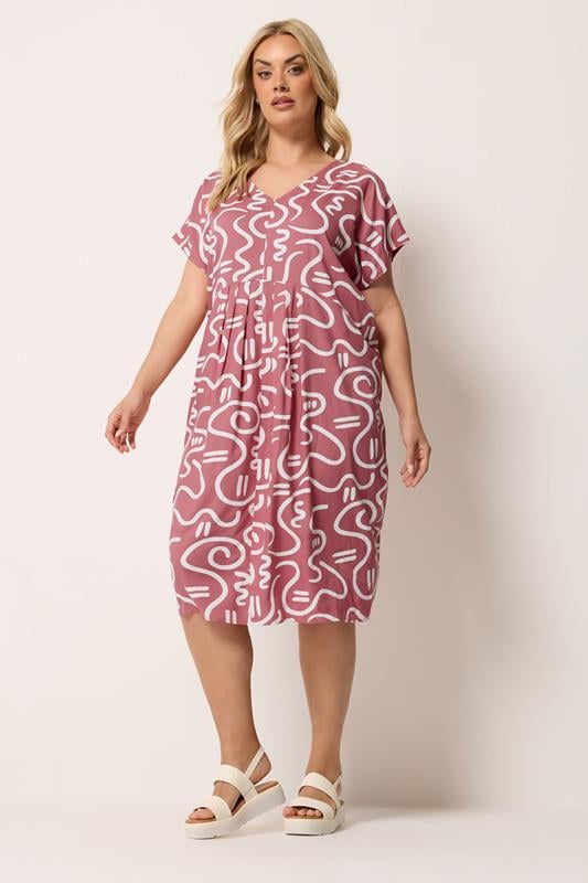 YOURS Plus Size Pink Abstract Print Pleat Front Midi Dress | Yours Clothing 1