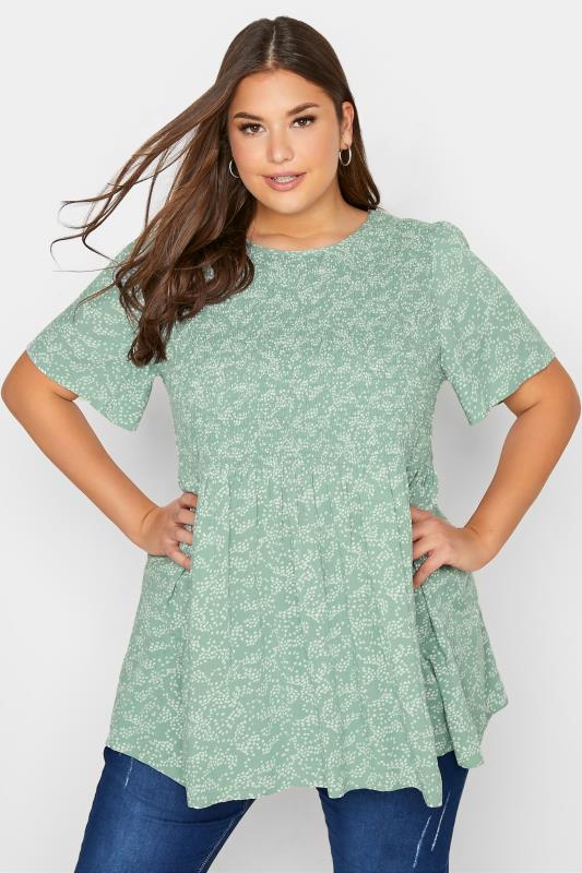 Plus Size Sage Green Spot Print Shirred Short Sleeve Top | Yours Clothing  1