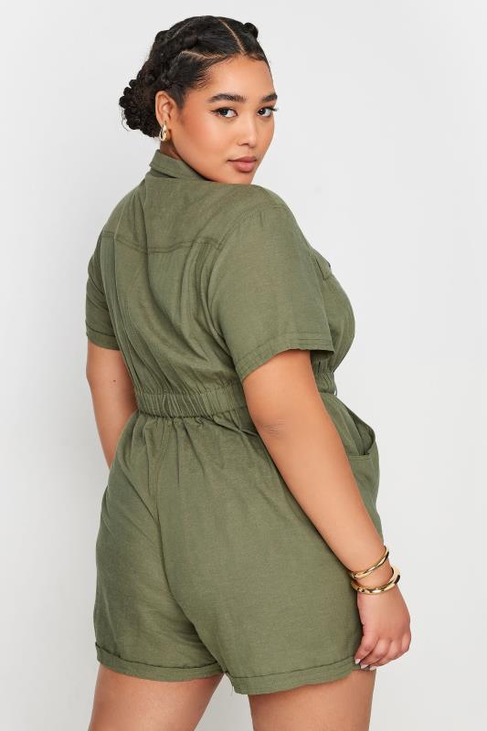 YOURS Plus Size Khaki Green Linen Look Utility Playsuit | Yours Clothing 4