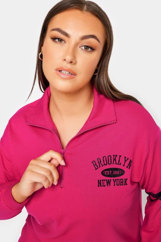 YOURS Plus Size Pink 'Brooklyn' Varsity Half Zip Sweatshirt | Yours Clothing 5