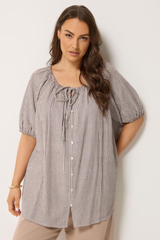  YOURS bruine blouse met gestreepte print en pofmouwen