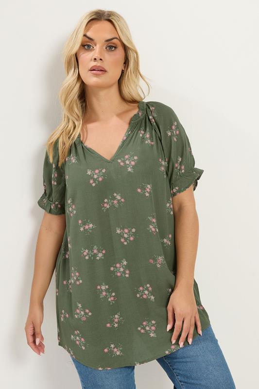  YOURS blusa verde con estampado floral y escote con muesca