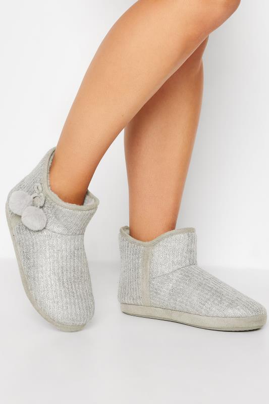 Grey Pom Pom Boot Slipper In Extra Wide EEE Fit | Yours Clothing 1