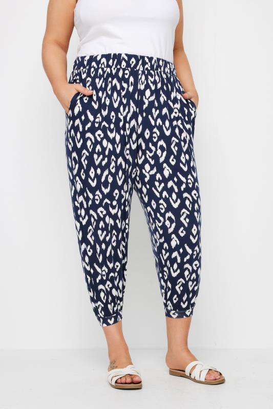 YOURS Plus Size Blue Aztec Print Cropped Harem Joggers | Yours Clothing 2